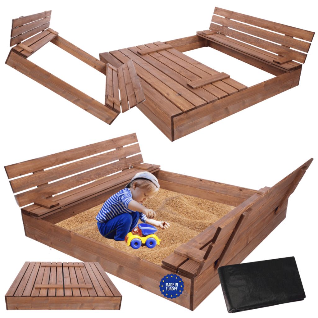 MODO24 Sandkasten Holz, mit Deckel, Sitzbänken, Holzsandkasten, Kinder Gartenspielzeug, Outdoor, 140x137 cm, Braun Imprägniert, PIA