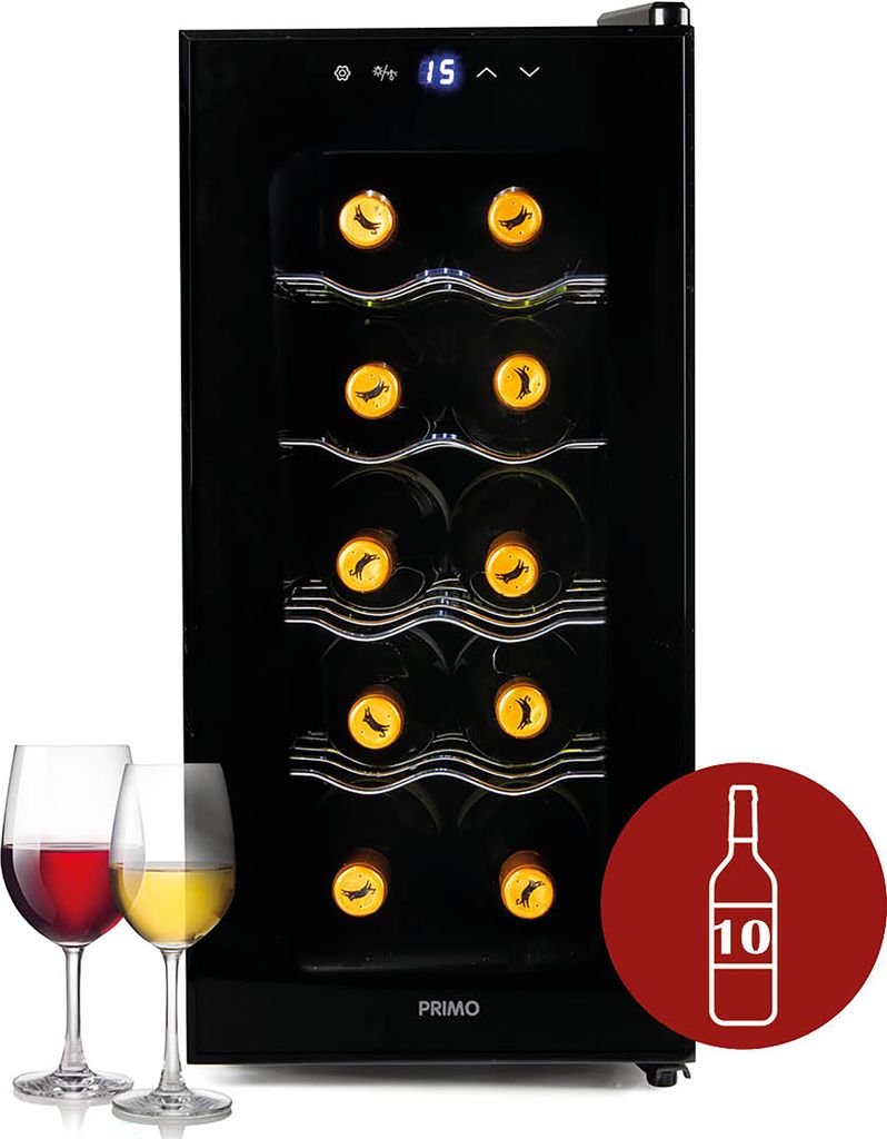 A black wine cooler filled with wine bottles, with two glasses of wine in the foreground and a red overlay with a wine bottle icon.