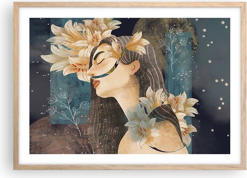 Gerahmtes Poster - Rahmen in heller Eiche - Surreal Frau Blumen - 70x50 cm - Wand Bild - Wanddeko - Wandbilder - Kunstposter - Wandposter - Bilderr...
