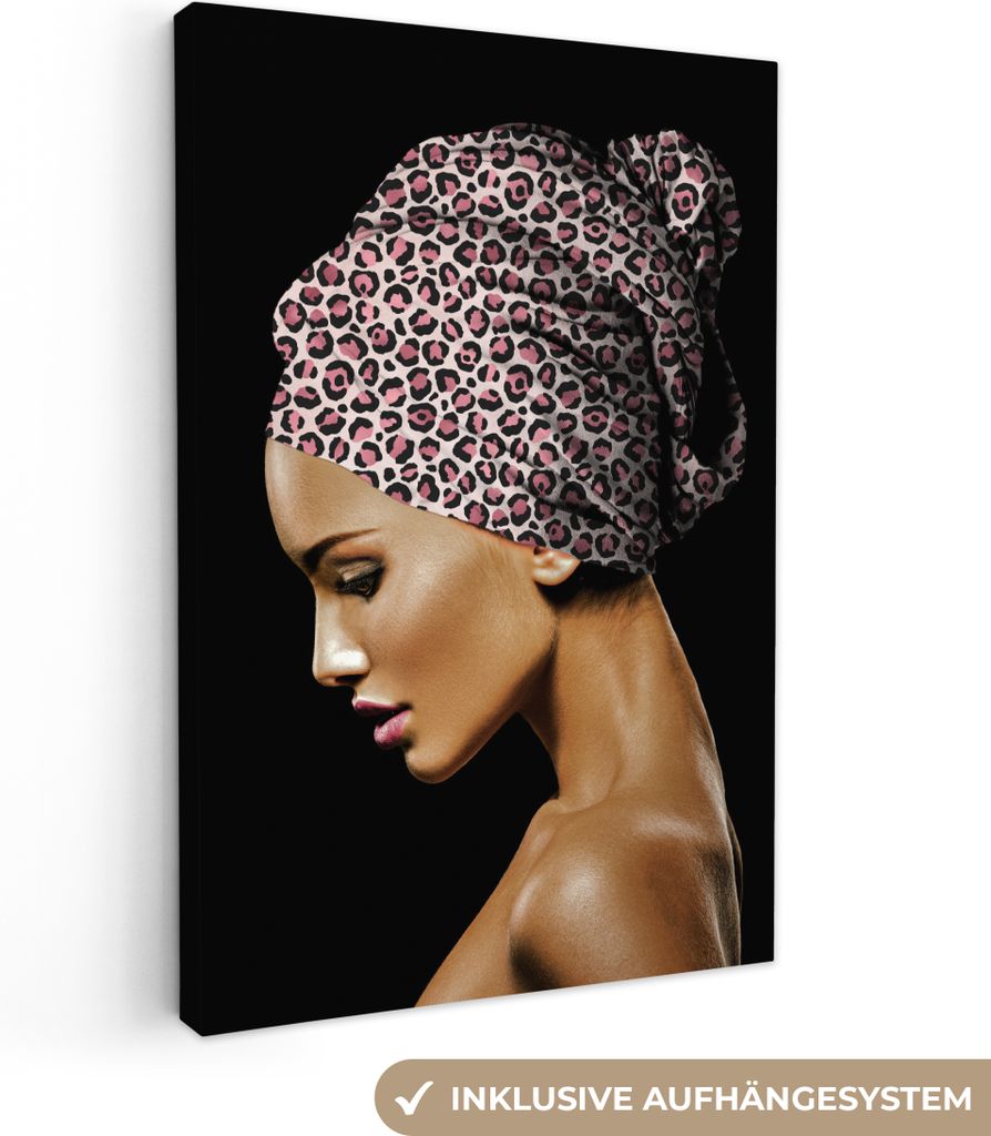 OneMillionCanvasses - Leinwandbilder - 90x140 cm, Frau - Tigerdruck - Rosa, Wandbilder Kunstdruck Wanddekoration - Wandschmucke - Schlafzimmer