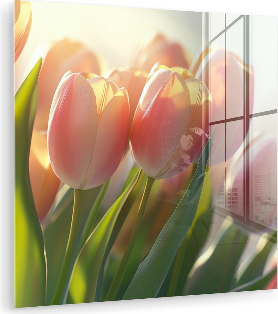 MuchoWow Glasbilder - Bilder auf Wandbild - Foto auf Glas Tulpen - Rosa - Sonnenstrahlen 30x30 cm Wanddekoration aus Glas - Acrylglasbild - Acrylbi...