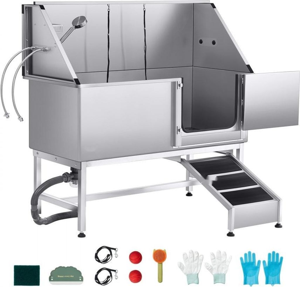Edelstahl Tierpflegewanne mit Rampe und Wasserfilterplatte - 1500x700x1495mm Abmessungen