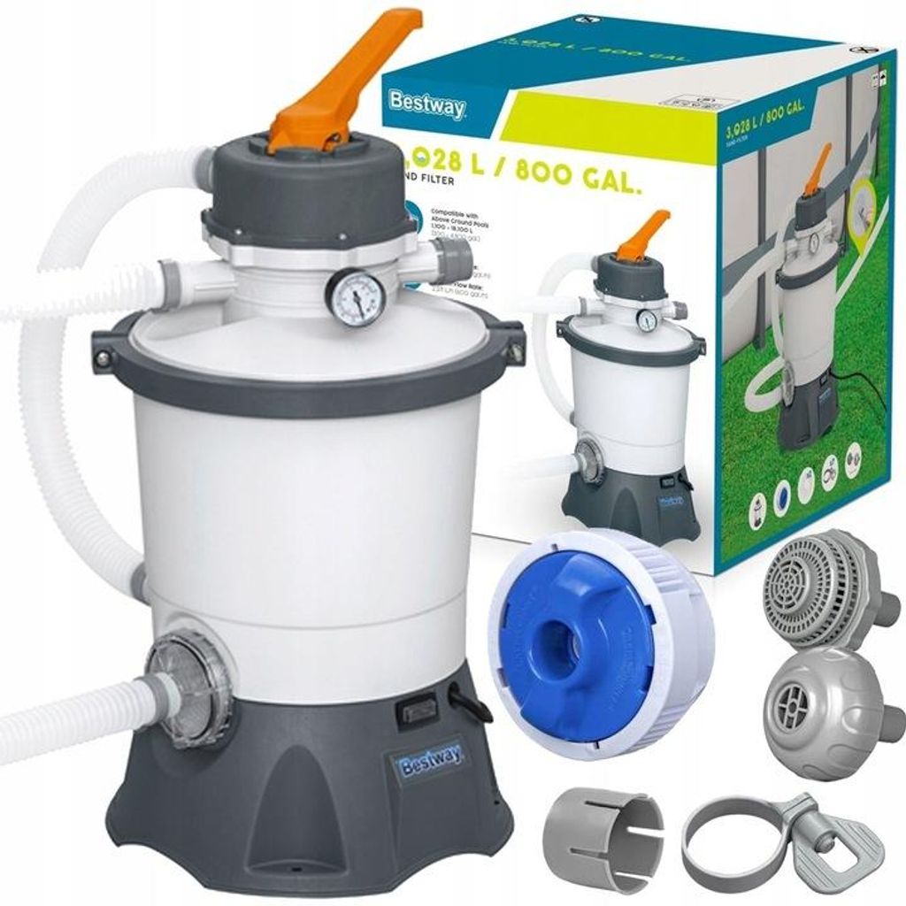 Pool Sandfilteranlage 3028 l/h, 85 W, für 1100-18100 l Gartenpool, mit ChemConnect-Dosierer, Manometer, Schlauch und Zubehör