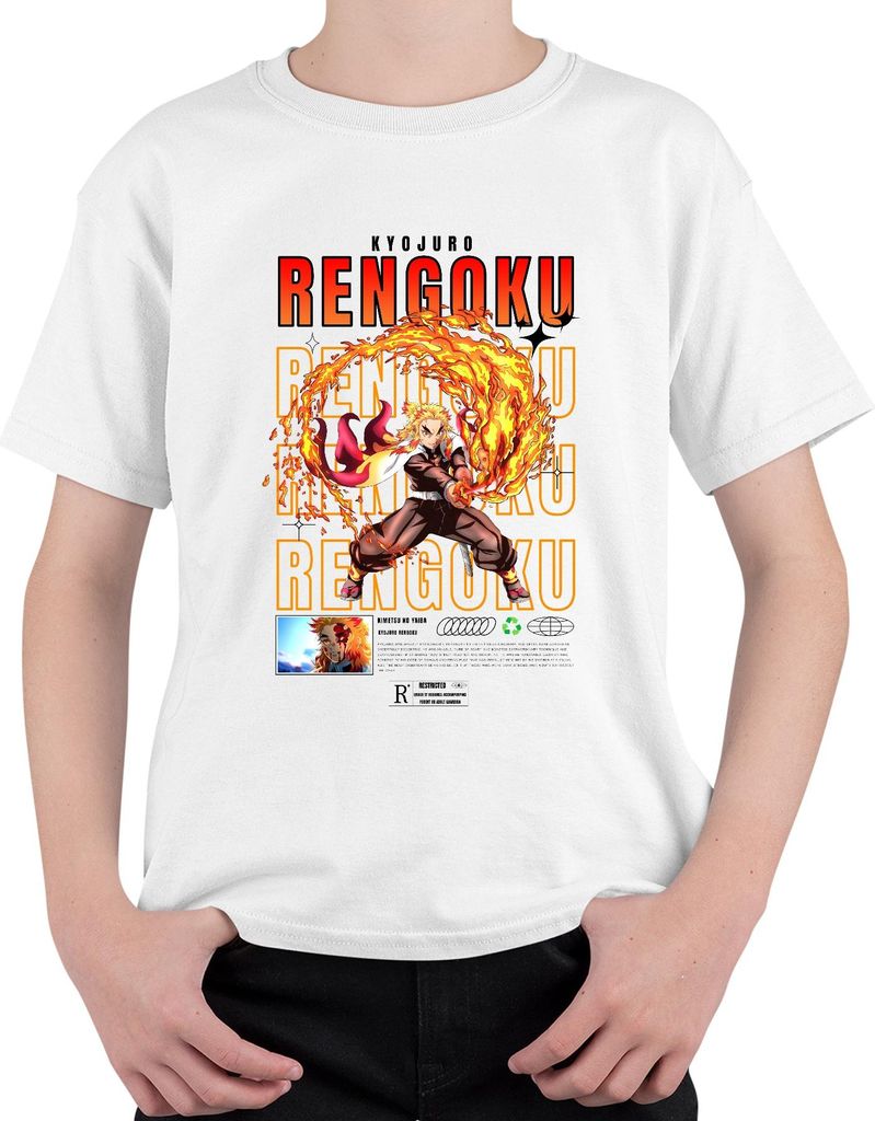 Rengoku Kyojuro Kimetsu no Yaiba Flamme Hashira Anime Geschenk Uni Kinder T-Shirt, Weiß, 152