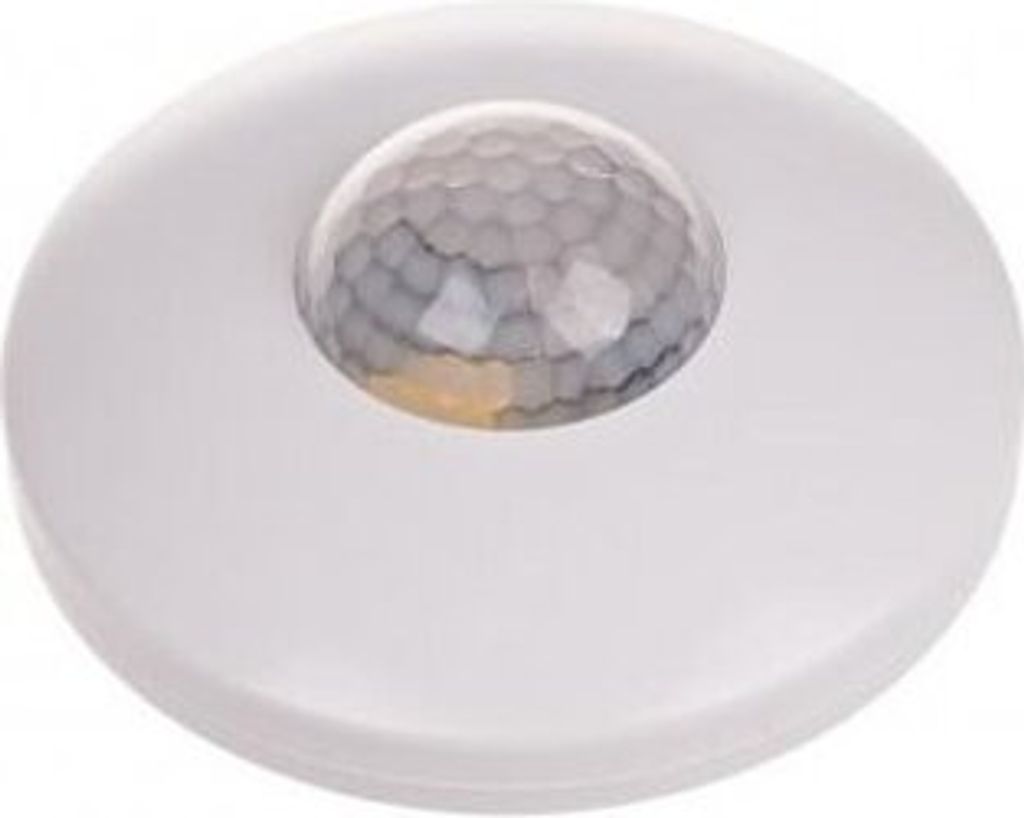 A white ceiling-mounted motion sensor with a domed infrared lens.