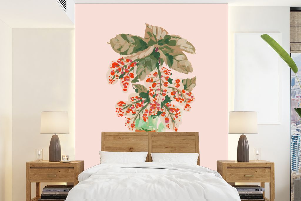 MuchoWow Fototapete für Wohnzimmer oder Schlafzimmer Wandtapete Vinyl Motivtapete Blumen - Vase - Pflanzen - Pastell - 165x220 cm - Wanddekorati...