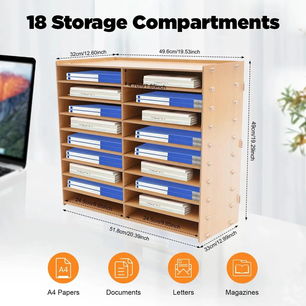 Trieur de documents 18 compartiments en bois robuste pour format A4