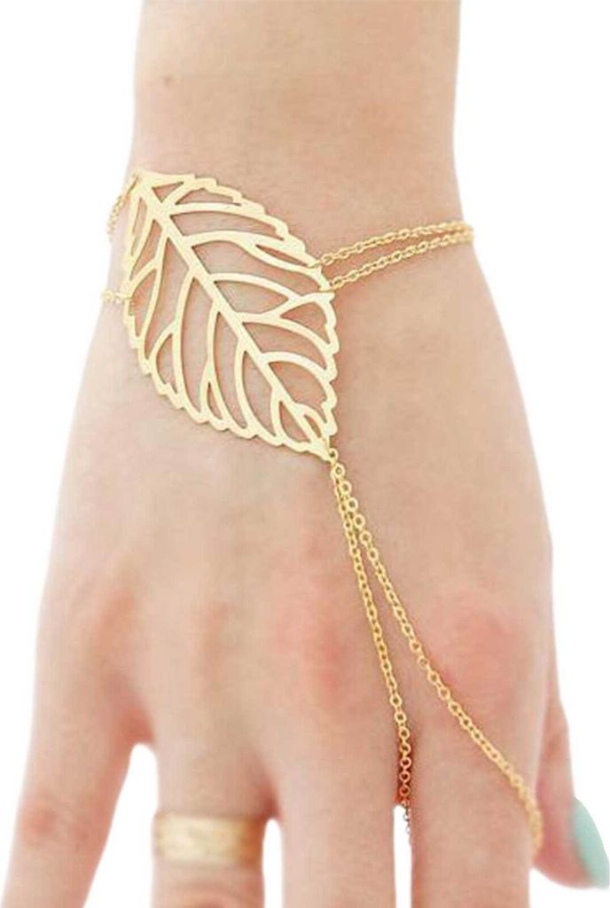 Frauen Multi-schicht Hohl Blatt Finger Ring Armreif Kette Armband Einfachen Schmuck-Golden