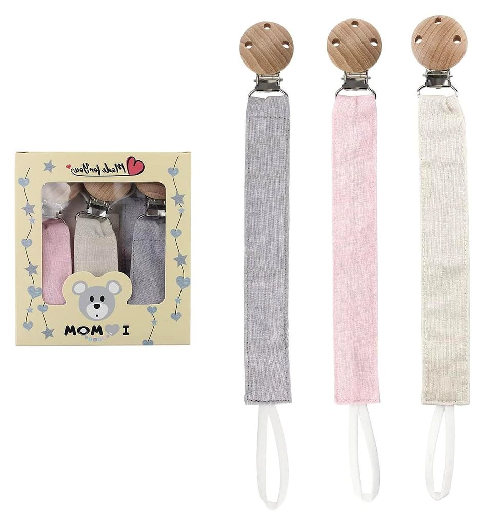 3-teiliges Set Schnullerkette aus Stoff, Schnullerband aus Baumwolle, Schnullerkette für Mädchen und Jungen, Schnullerketten mit Clip aus Buchenholz