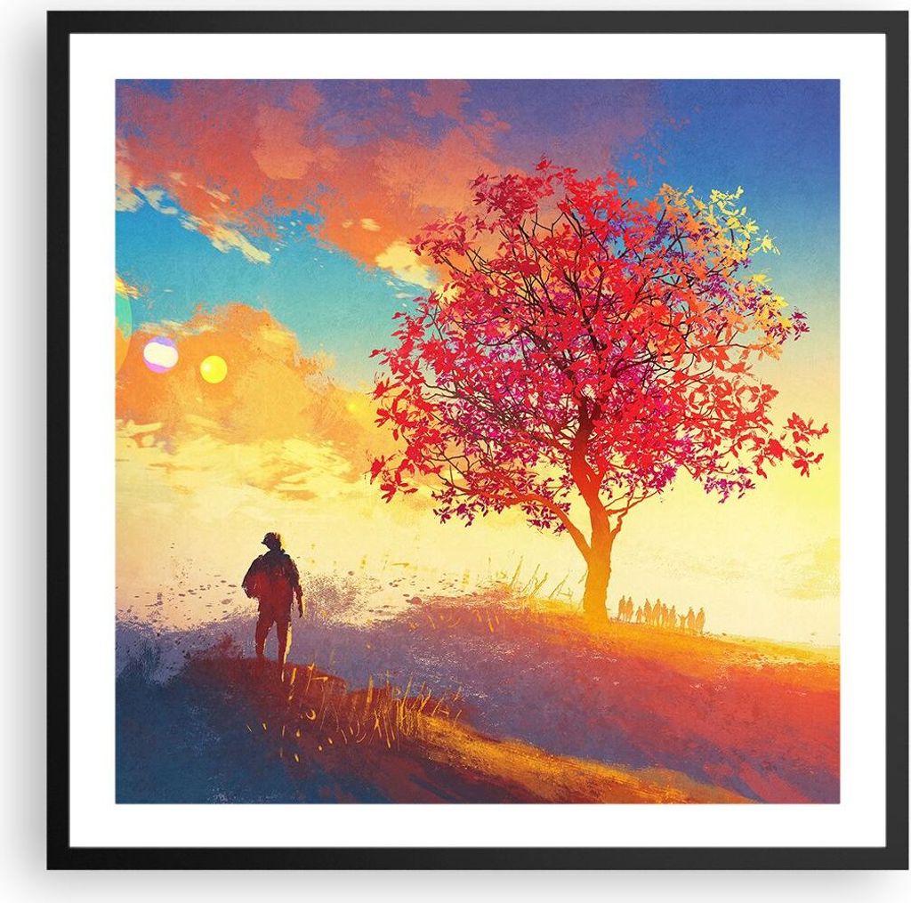 Gerahmtes Poster - Schwarzer Rahmen - Baum Wiese Feld - 60x60 cm - Wand Bild - Wanddeko - Wandbilder - Kunstposter - Wandposter - Bilderrahmen - Bi...