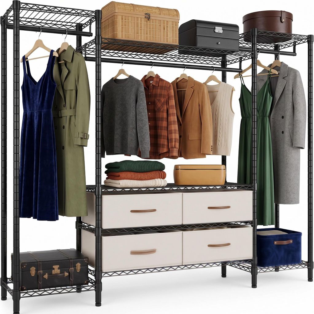 Schwerlast Kleiderständer Metall, 150x40x180cm, 6 Ablagen, 3 Stangen, 4 Stoffschubladen, Offener Kleiderschrank, höhenverstellbar, bis 400kg, Sch...