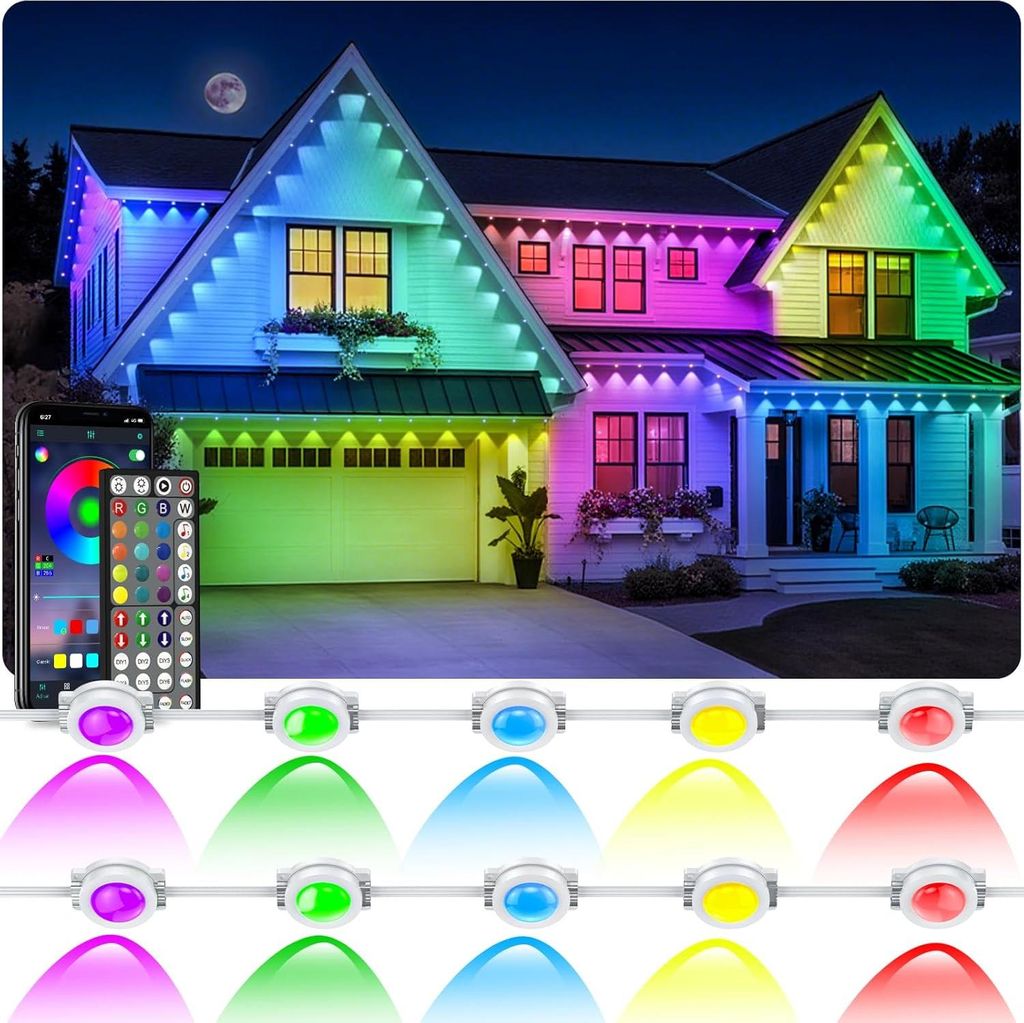 Permanent Outdoor Lights,60M RGB IP67 wasserdichte Außenbeleuchtung,tägliche Gebäudebeleuchtung, App Steuerung für Weihnachtsdekoration