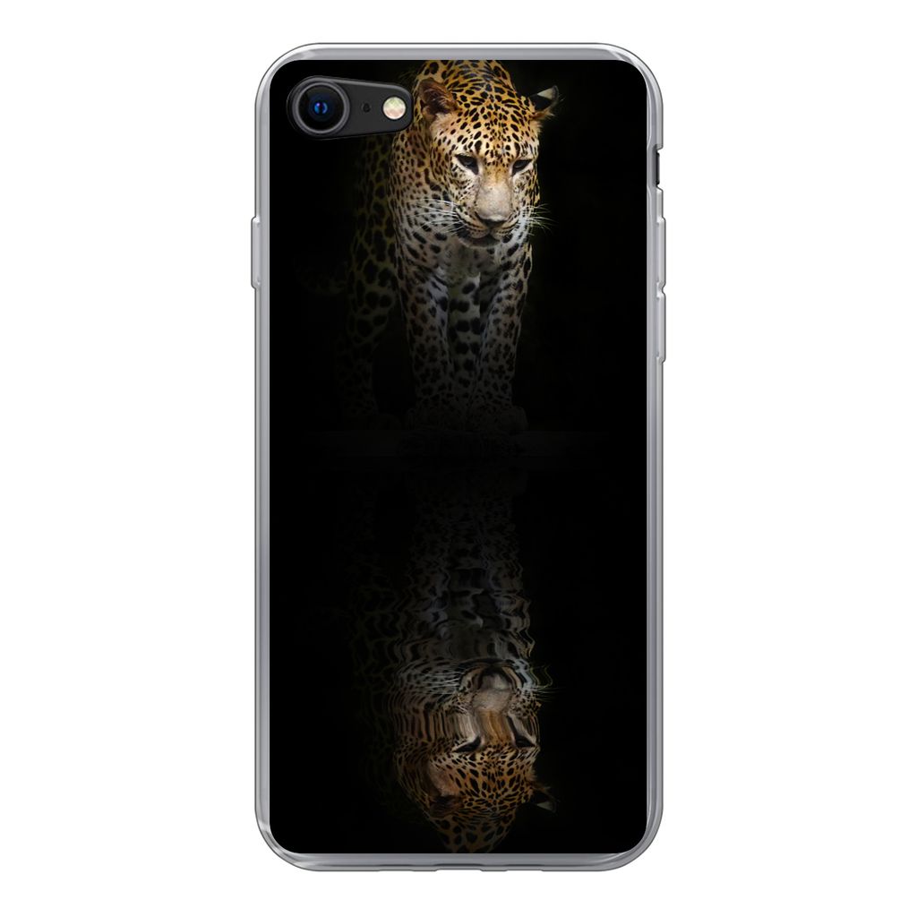 MuchoWow Handyhülle Schutzhülle Hülle für iPhone SE 2020 Leopard - Reflexion - Schwarz Silikon Softcase Handy Hülle - Kartenbesitzer