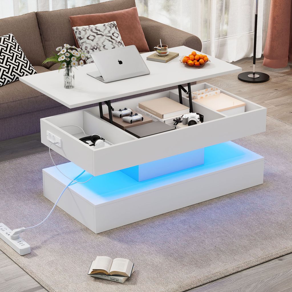 STILVORA 100x50x42 cm Hochglanz-Couchtisch Hydraulischer Lift-Kaffeetisch mit verstecktem Stauraum,Wohnzimmertisch mit LED-Beleuchtung,Weiß