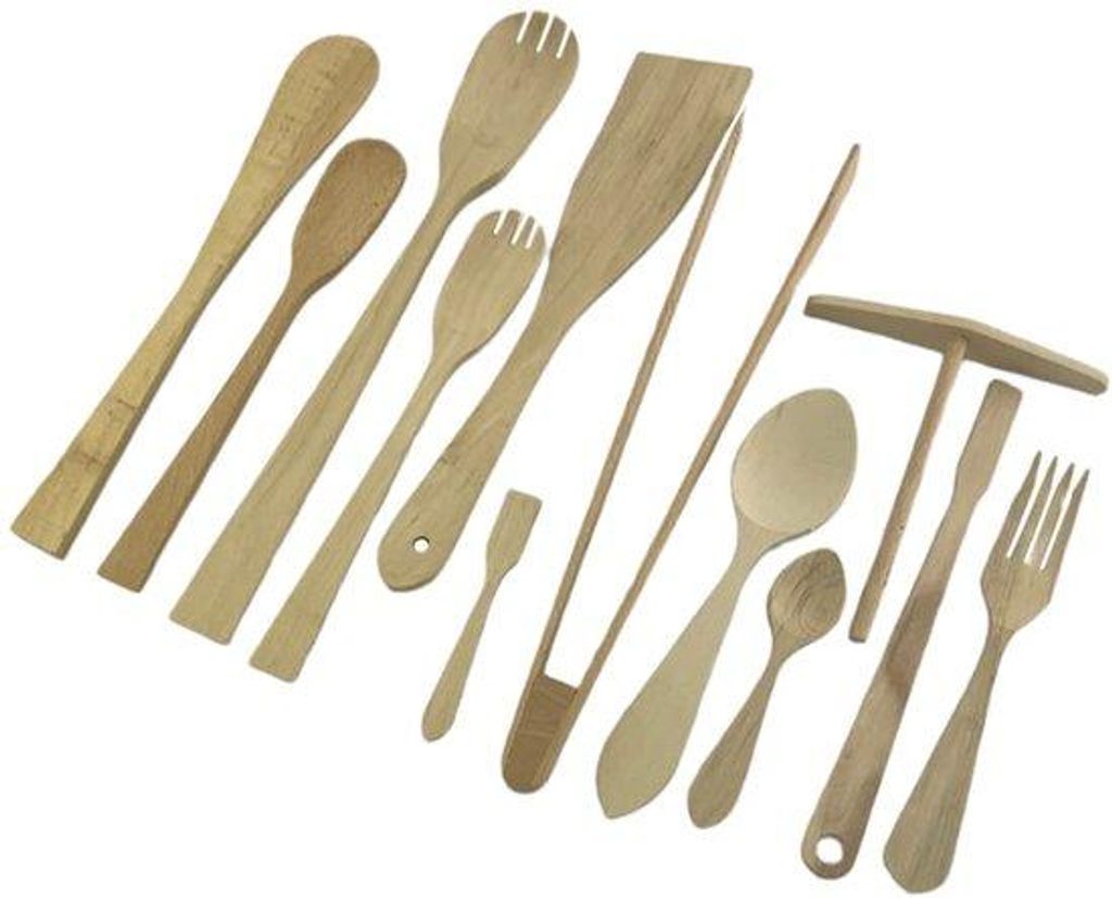 Holz-Kochset 12-teilig, Buche, Löffel, Spatel, Gabeln, Pfannenlöffel und Grillutensilien, natürliche Holz