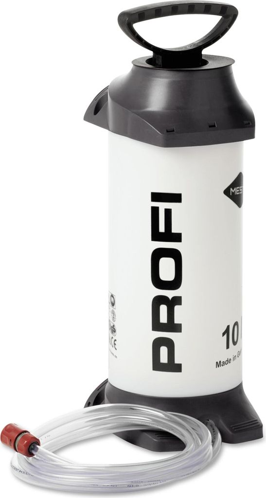A white and black pressure water tank with a transparent hose and red connector.