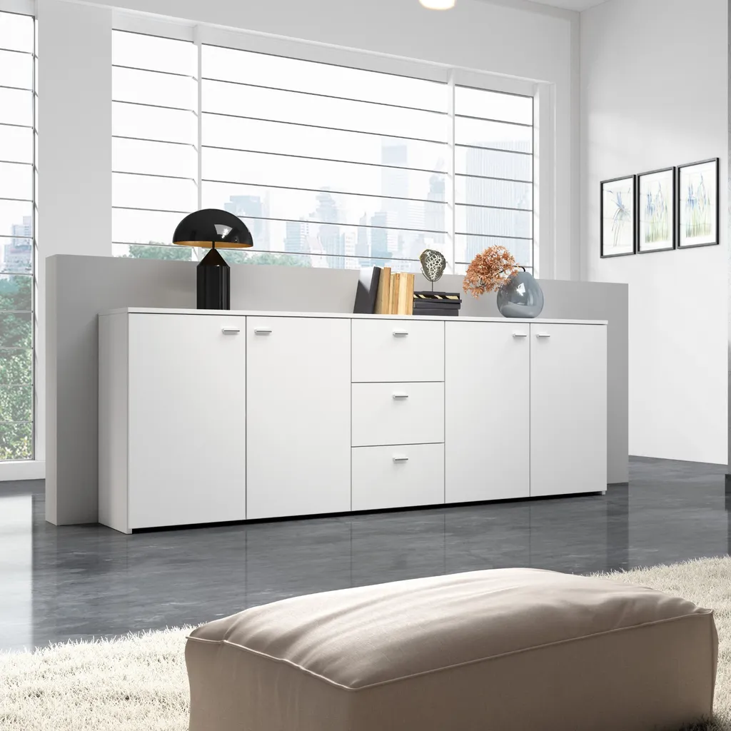 Commode 179 cm blanc brillant - Rangement XXL moderne chambre/salon