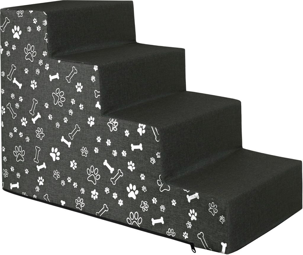 Domarex Hundetreppe für Kleine Hunde, Treppenstufen für Hunde,Katzentreppe - Rampe mit 4 Stufen 30x60x40 cm, L Grau + Pfoten und kleine Knochen