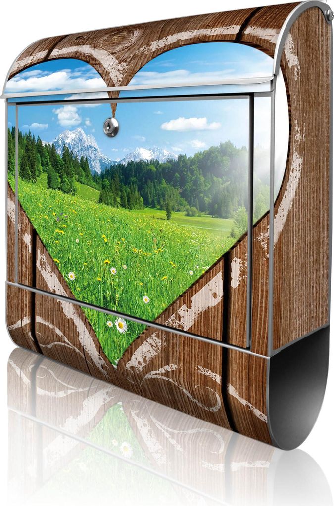 banjado Design Briefkasten Stahl silber mit Zeitungsfach pulverbeschichtet "Ausblick mit Herz" 38x46x12,5cm & 2 Schlüssel - Postkasten A4 Einwurf ...