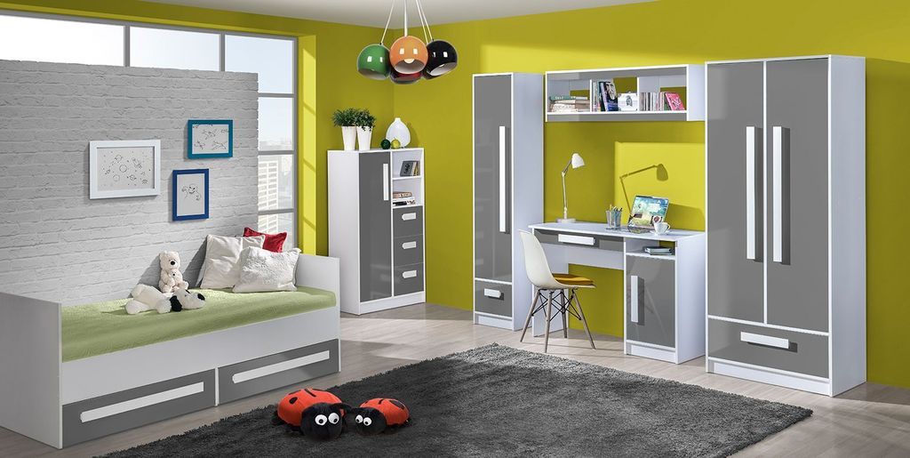 Jugendzimmer Kinderzimmer Komplett - Set B Walter, 6-teilig, Farbe: Grau Hochglanz / Weiß