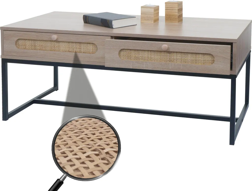 Table de salon rectangulaire aspect chêne avec tiroir en rotin tressé
