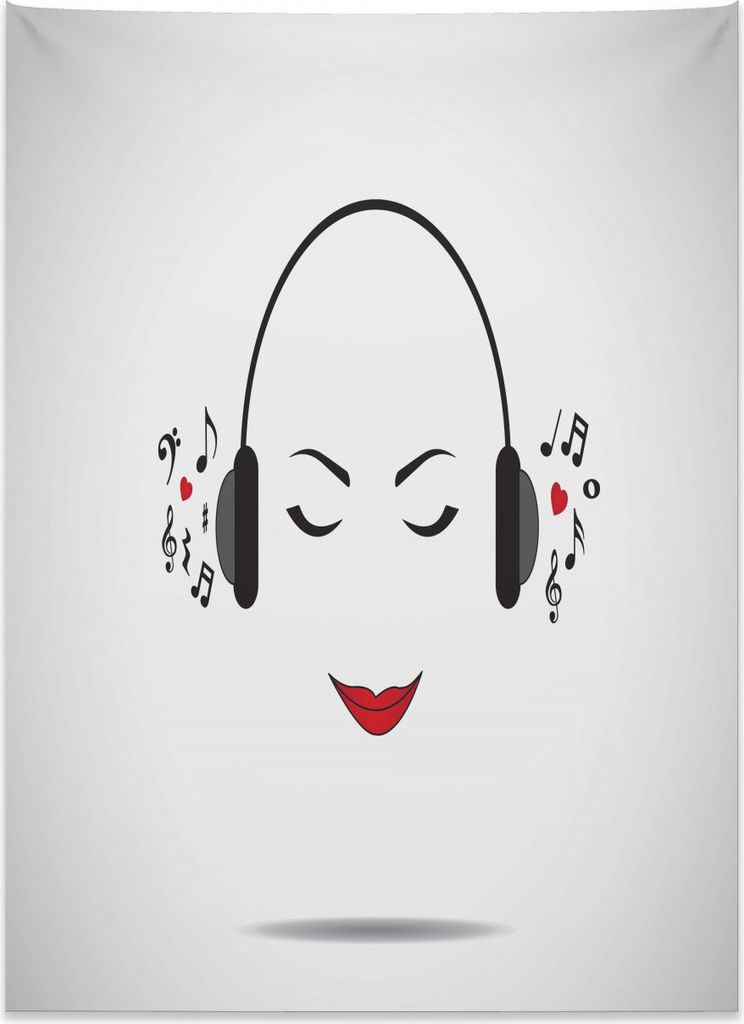Abakuhaus Musik Wandteppich, Dame Musik hören aus Weiches Mikrofaser Stoff Kein Verblassen Klare Farben Waschbar, 110 x 150 cm, Weiß Schwarz