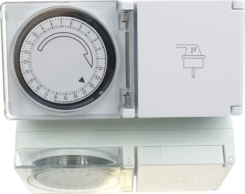 A white 24-hour timer switch with a clear protective cover showing the dial and settings.