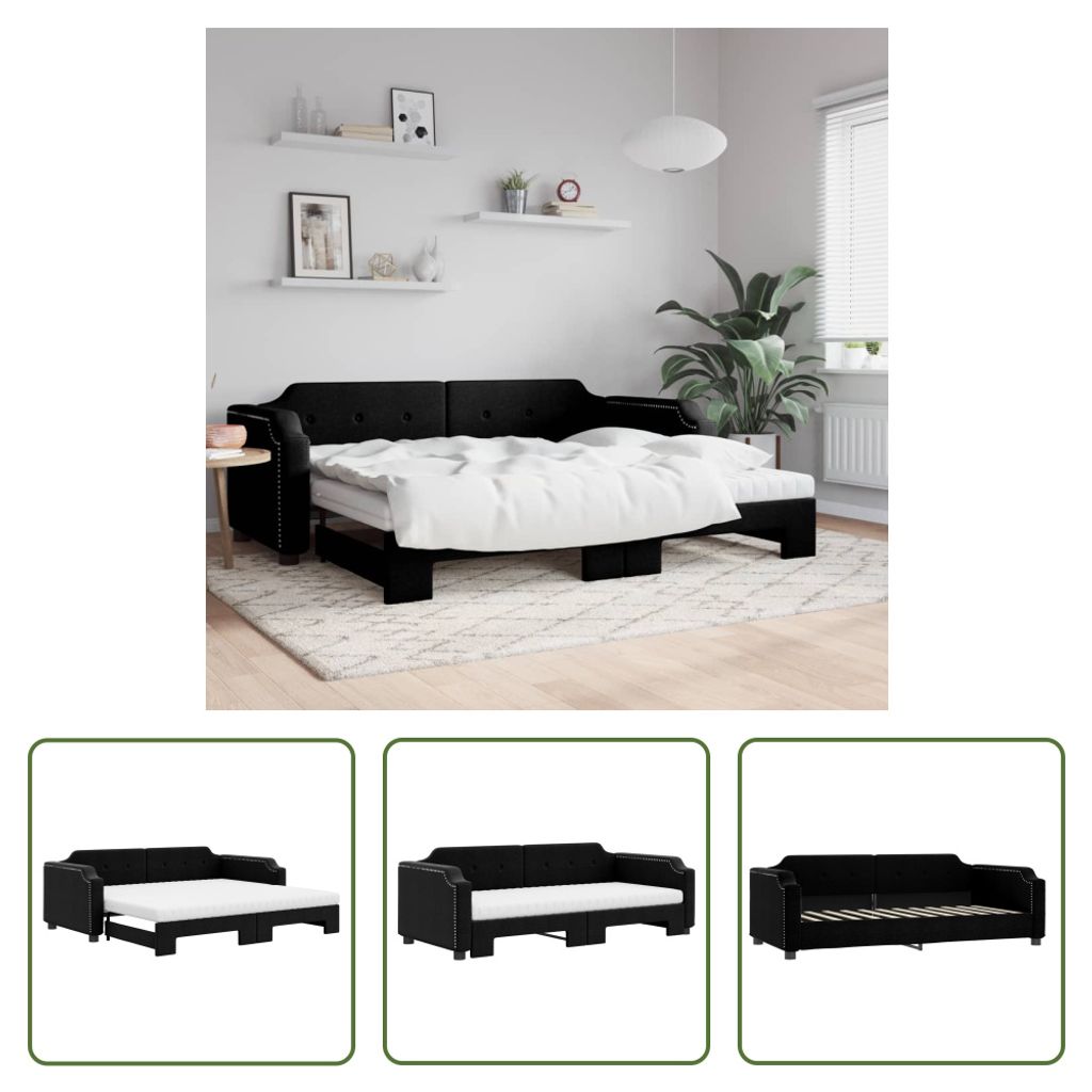 The Living Store Tagesbett Ausziehbar mit Matratzen Schwarz 100x200 cm Stoff