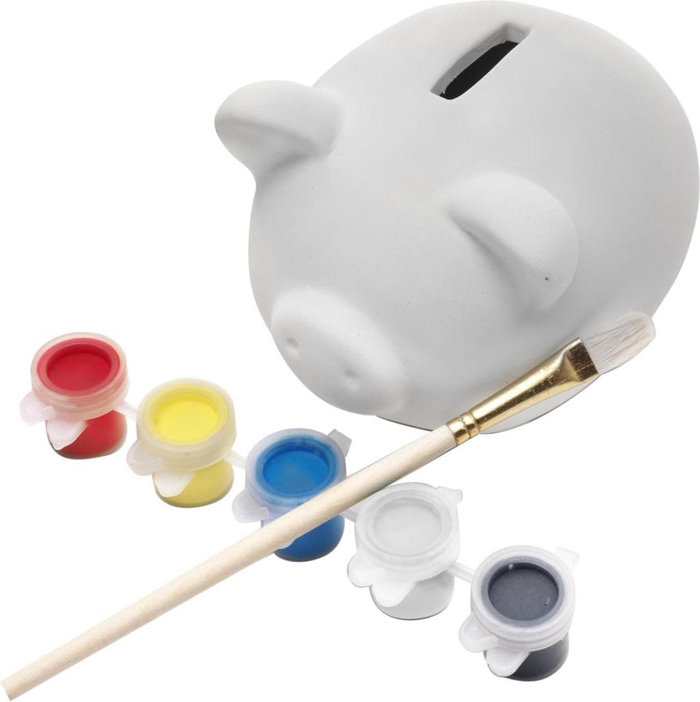 Sparschwein aus Keramikgips zum Selbstbemalen inklusive 5 Farben und Pinsel - Bastelspaß für Kinder und Erwachsene bei Kindergeburtstagsfeiern