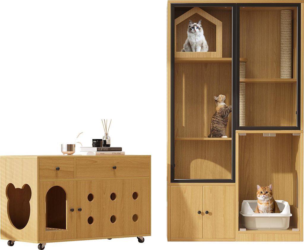 Katzenvilla + Katzentoilette-Schrank, Haustiermöbel-Set, Glas-Katzenhaus, Katzenstreu-Schrank, für mehrere Katzen geeignetes Möbel, Gelbe Ahornh...