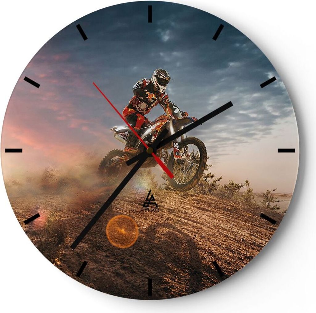 Wanduhr - Rund - Glasuhr - Motor Reiten Helm - 40x40cm - Schleichendes Uhrwerk - Lautlos - zum Aufhängen bereit - Dekoration Modern - Wanddekorati...