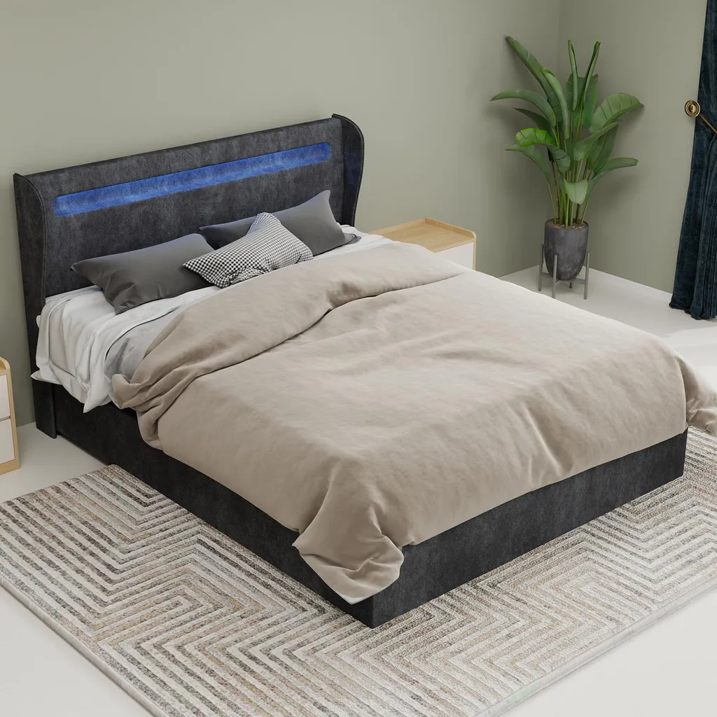 Lit double 140x200 avec coffre de rangement et sommier relevable gris