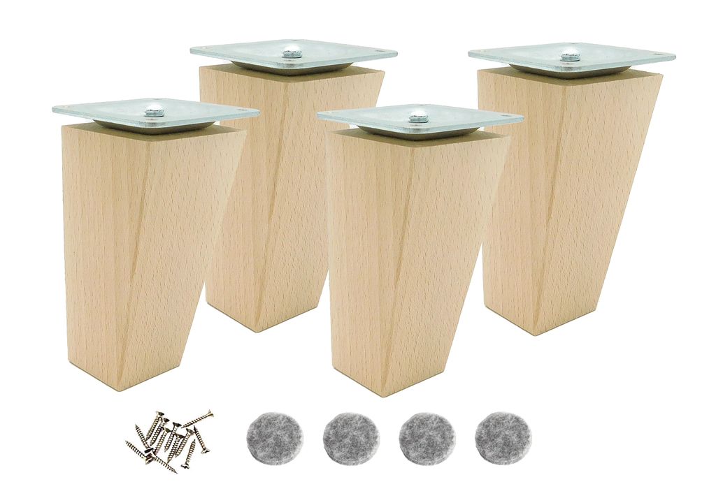 Möbelfüße Buche 12 cm – roh, trapezförmig – Set 4 Stück mit Montageset