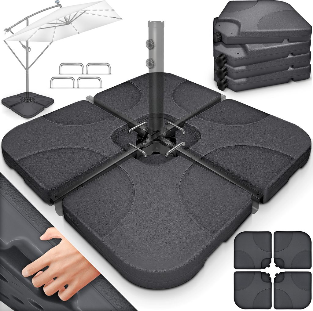 tillvex Sonnenschirmständer Anthrazit 60 Liter / 80 kg – 4-teilig für Ampelschirm inkl. Metallverbinder | Schirmgewicht befüllbar mit Wasser...