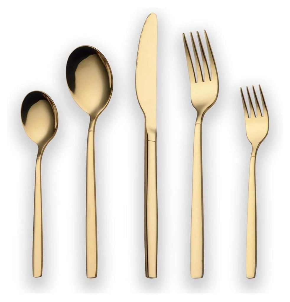 A set of gold-colored cutlery arranged in a row against a white background.