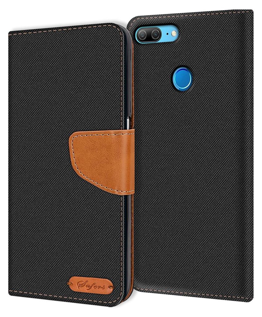 A black flip case wallet for a phone is shown open, revealing the phone inside.