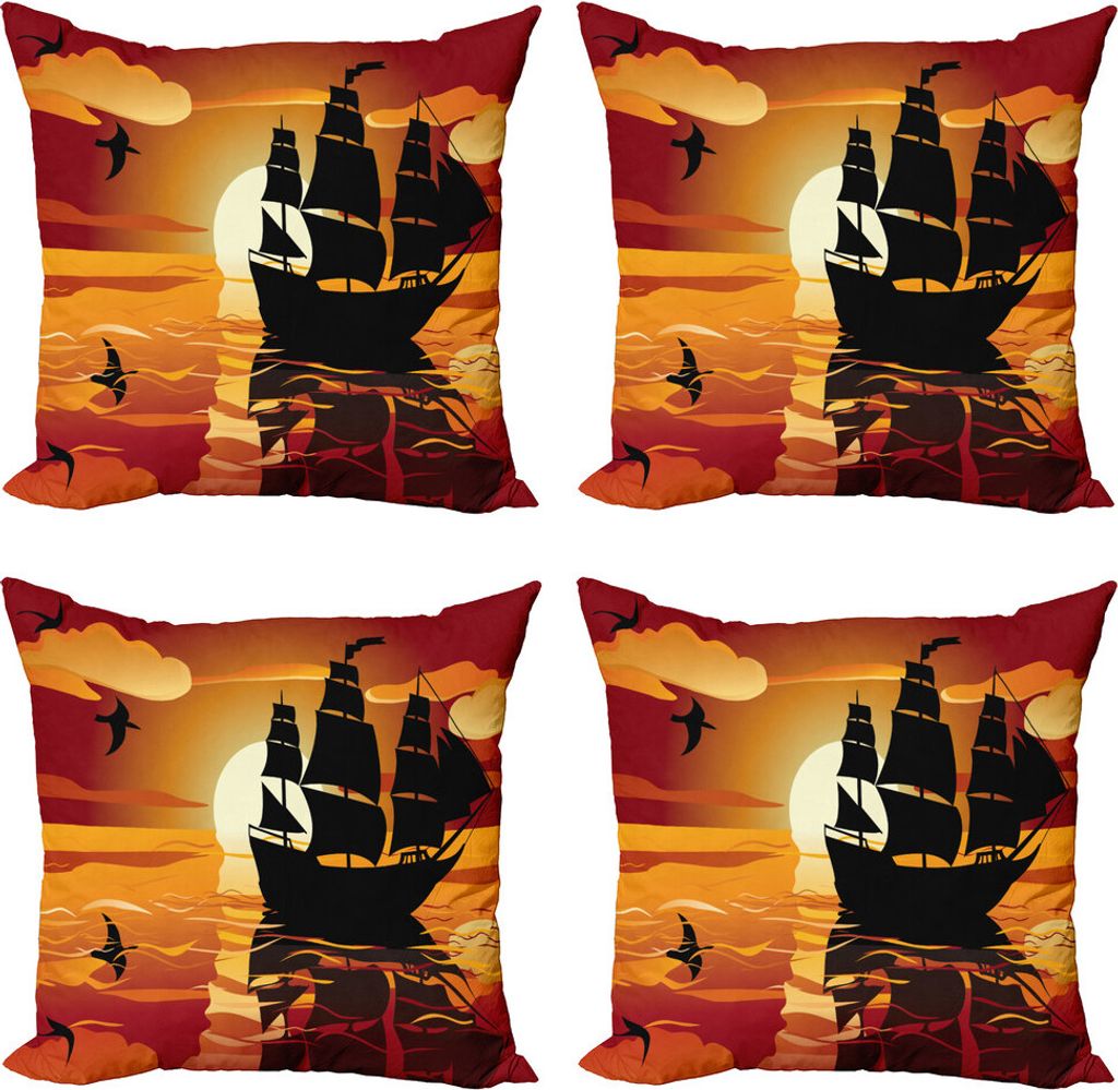 ABAKUHAUS Vintage Boat Kissenbezug Set (4 Stück), Ruhige Abend, Moderner Doppelseitiger Digitaldruck, 50 cm x 50 cm, Maroon Orange Schwarz