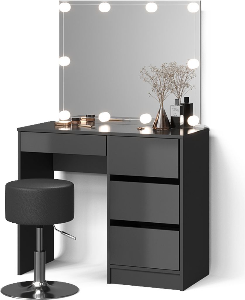 Schminktisch Livinity Imola Anthrazit mit LED Beleuchtung und Hocker, Model 52418