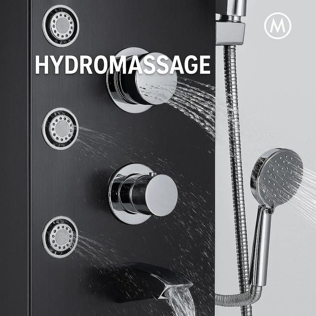 Duschpaneel LED Noir Massage et Cascade - Solution Idéale Rénovation Douche - 3