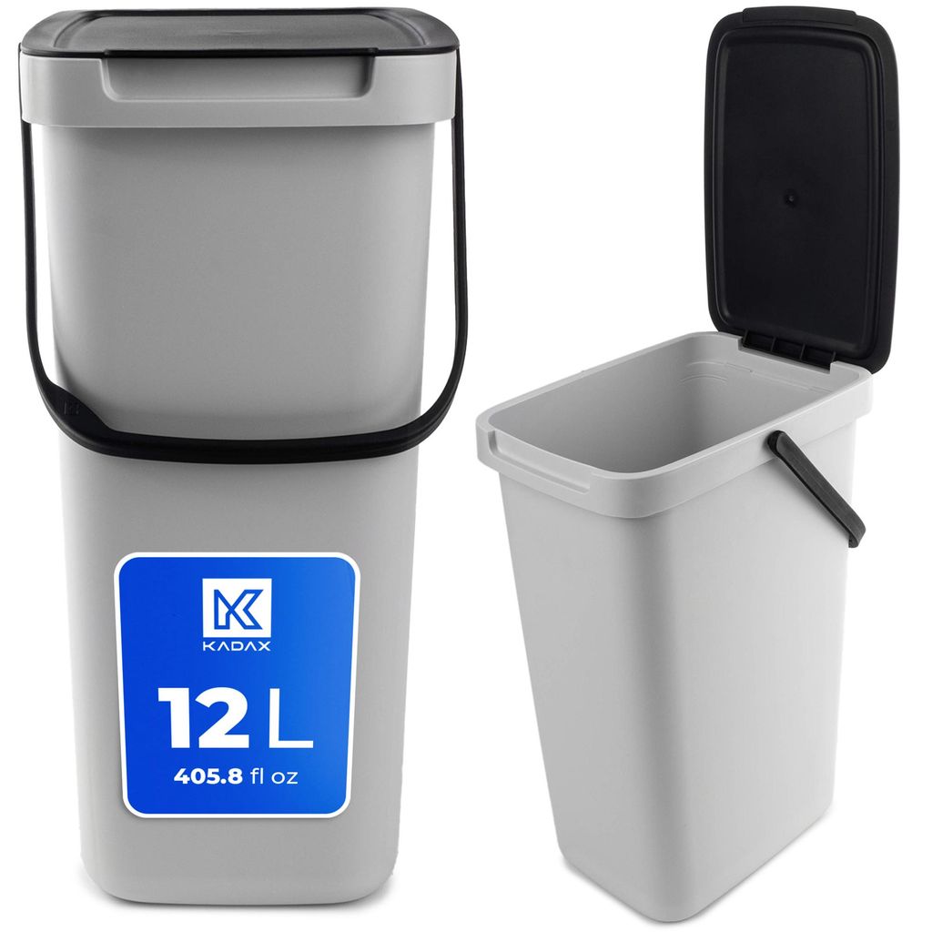 KADAX Abfallbehälter mit Deckel und Griff, Abfalleimer aus Plastik, Mülleimer für die Mülltrennung (Grau, 12L)