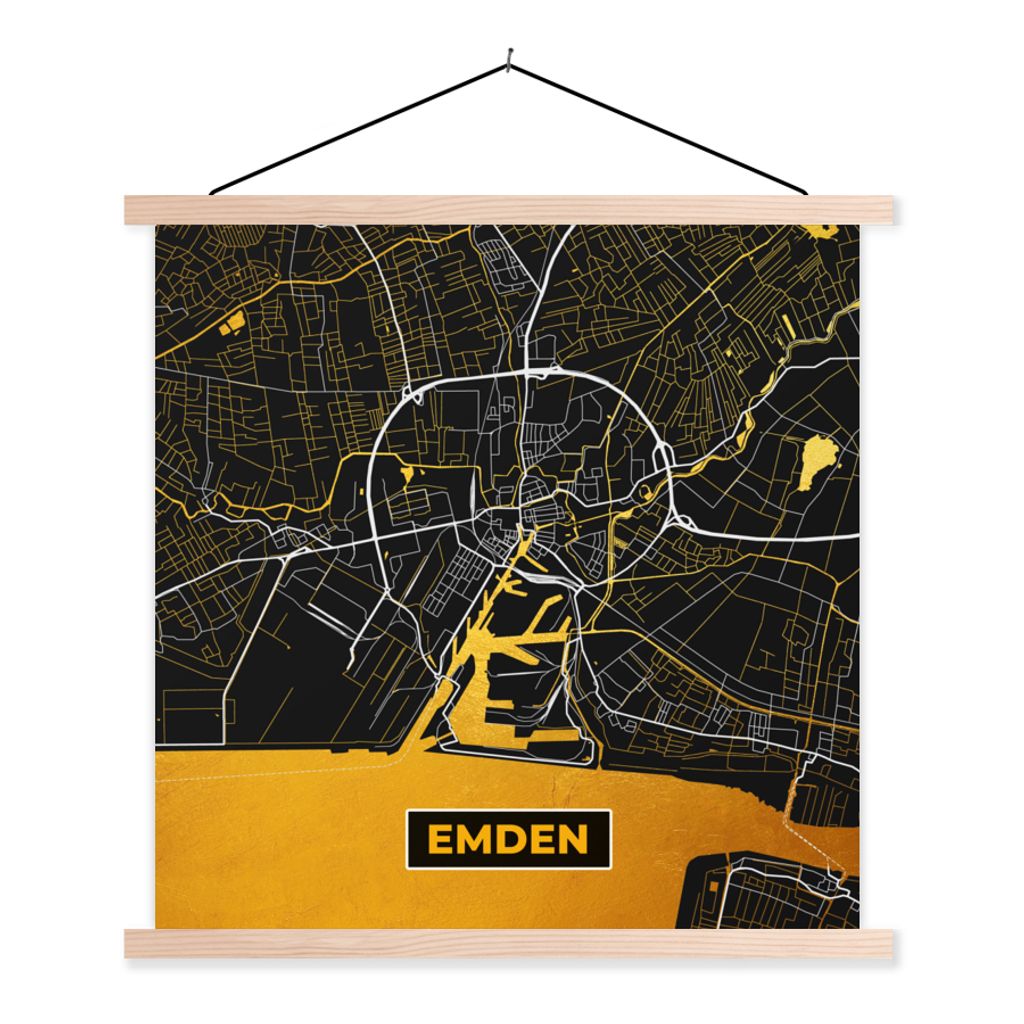 MuchoWow Textilposter Schwarz und Gold - Stadtplan - Emden - Deutschland - Karte 60x60 cm mit holzfarbenen Rahmen - Wanddekoration