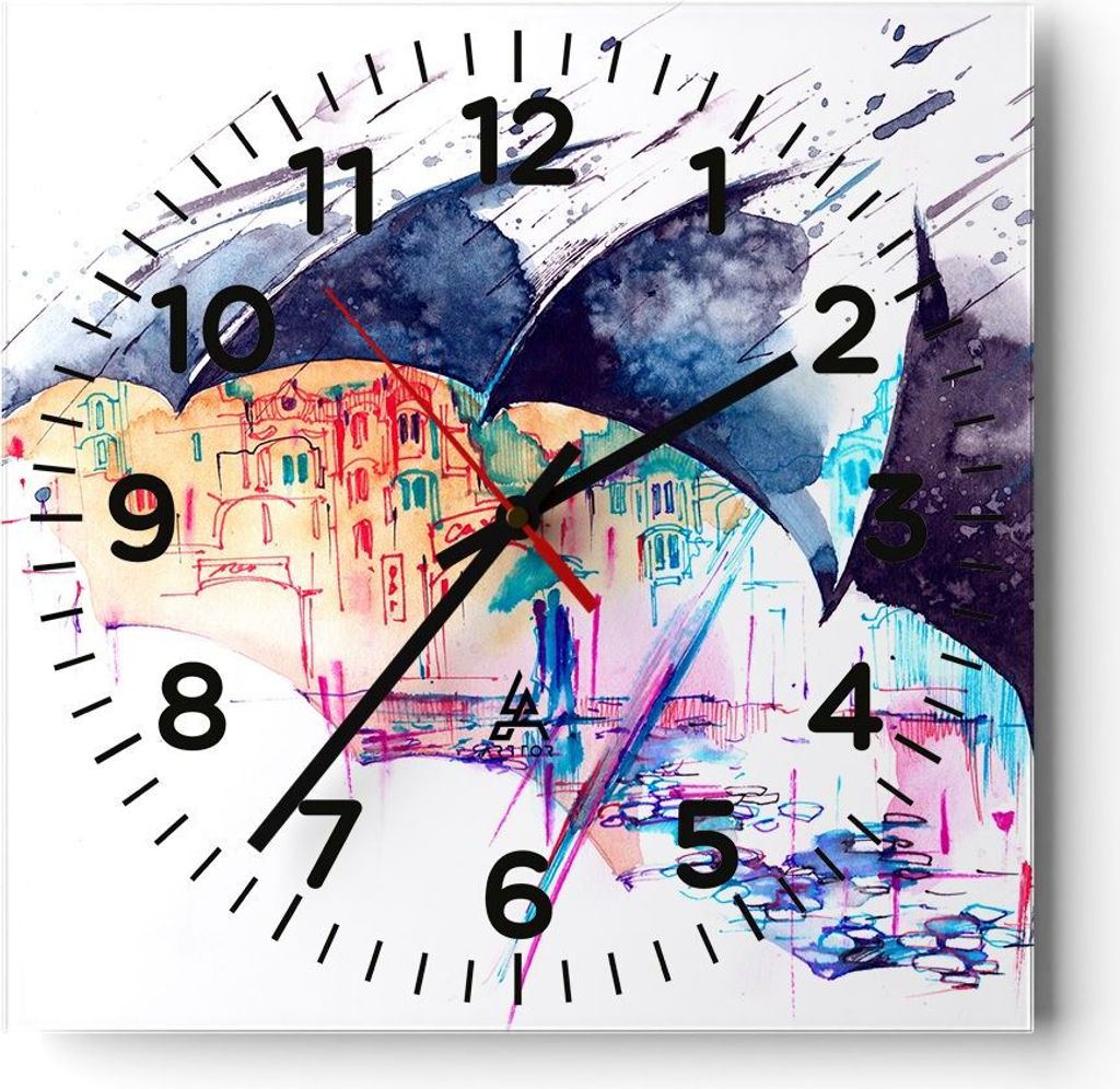 Wanduhr - Quadrat - Glasuhr - Regenschirm Regen Regentropfen nass - 30x30cm - Schleichendes Uhrwerk - Lautlos - zum Aufhängen bereit - Dekoration ...