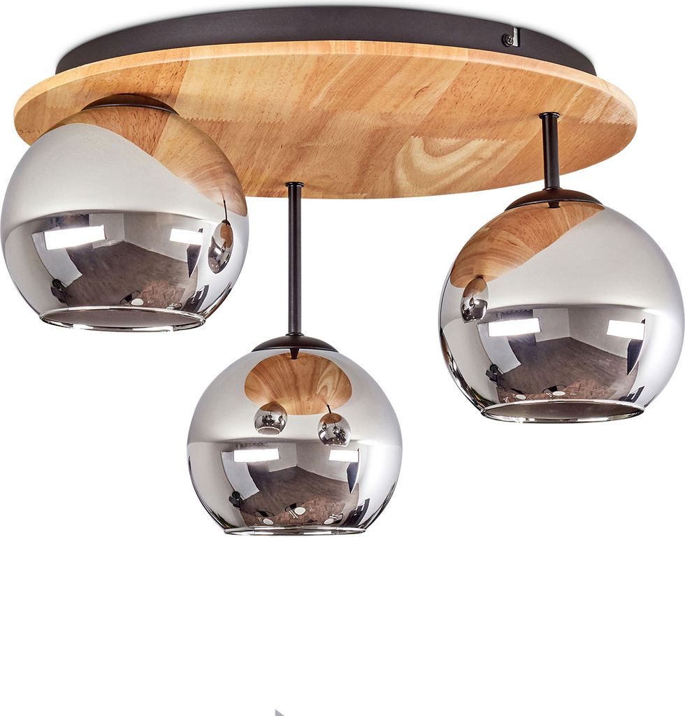 Cesaro Deckenlampe aus Metall/Holz/Glas in Schwarz/Natur/Chrom-/Rauchfarben