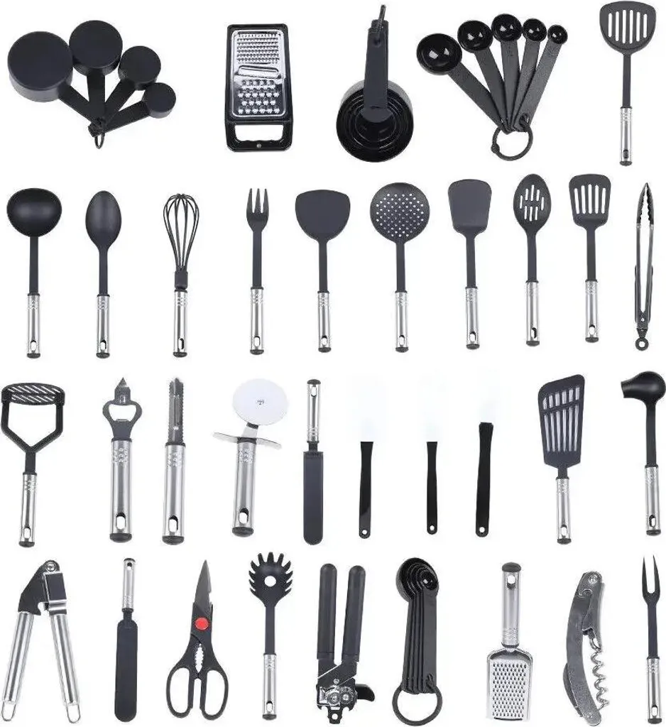 Set di utensili da cucina, assortimento da 40 pezzi, utensili resistenti, nero