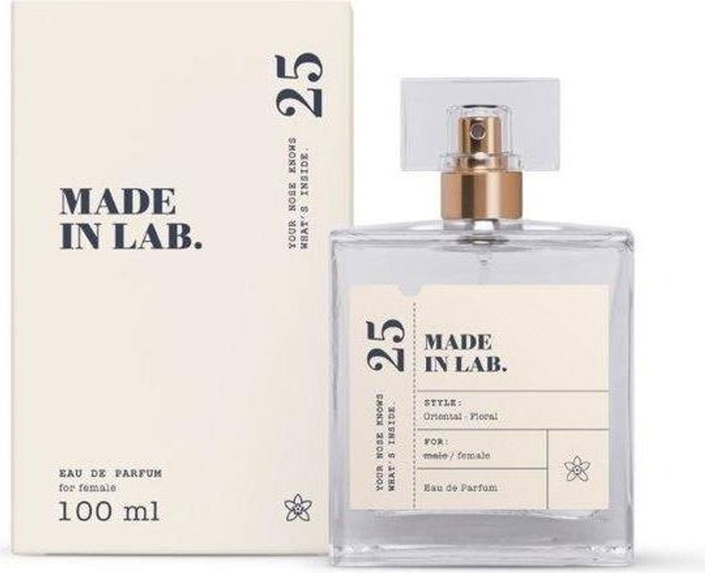 A perfume bottle and its packaging are displayed side-by-side against a white background.