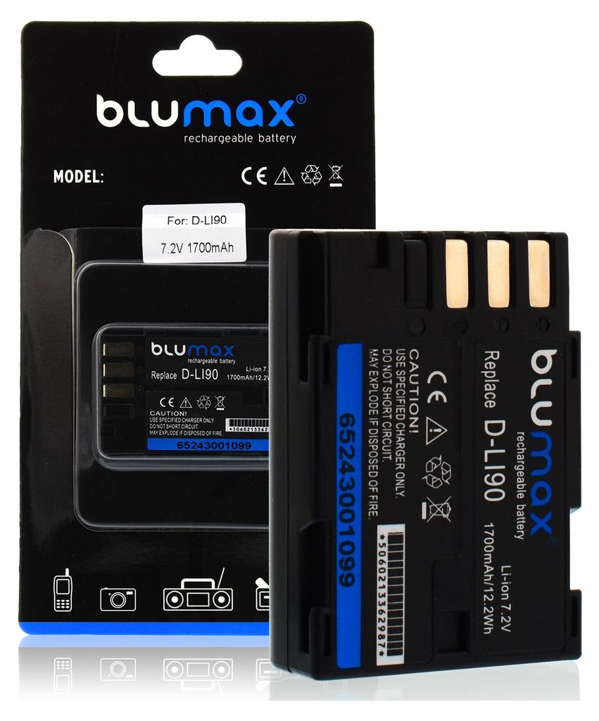 Blumax Akku | für Pentax D-LI90 Digitalkamera | Kapazität 1700mAh |Spannung 7,4Volt | Video- und Kamerazubehör