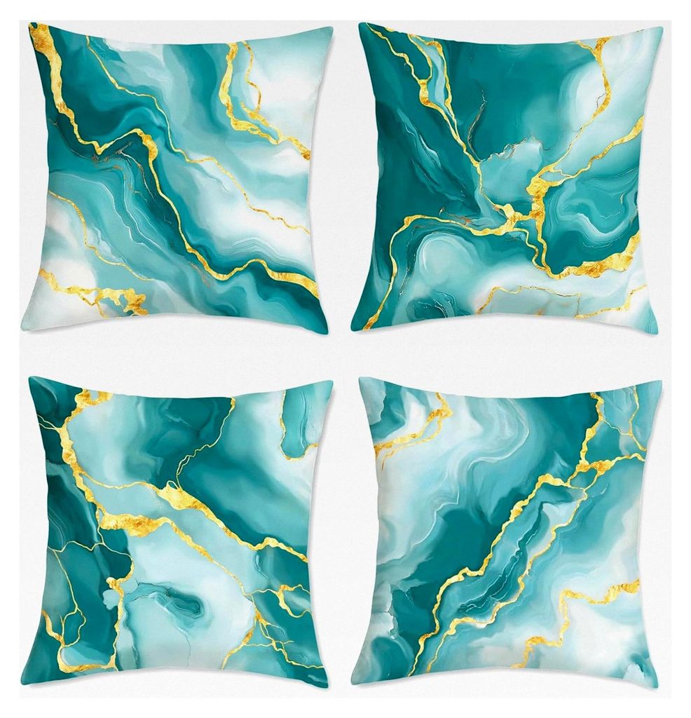 Kissenbezüge aus Türkis Marmor 45 x 45 cm, Grün Gold Modern Abstrakt Samtig Dekorativ für Sofa Wohnzimmer Zuhause 4er Set