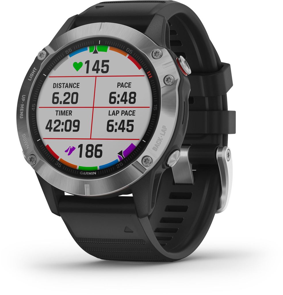 A close-up studio shot of a Garmin Fenix 6 multisport watch.