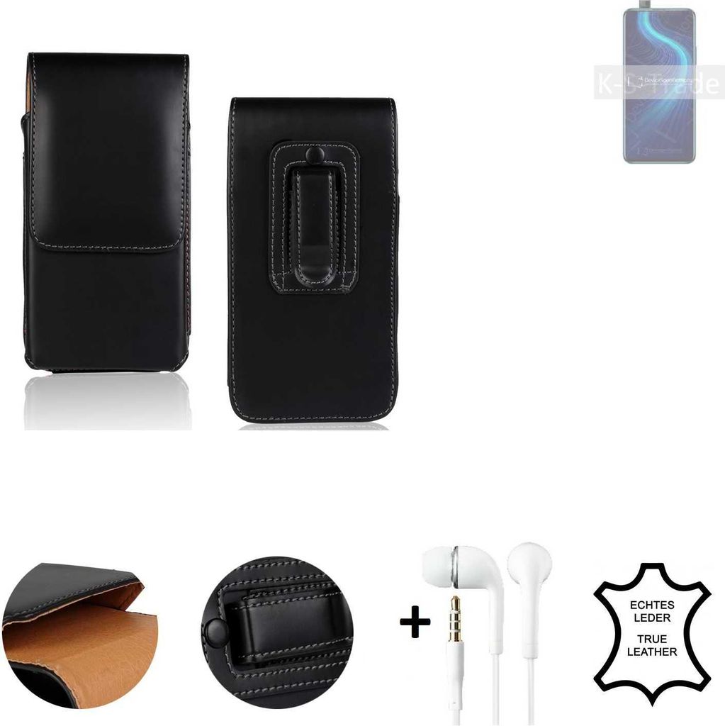 K-S-Trade Leder Gürteltasche + Kopfhörer kompatibel mit Huawei Honor X10 Pro Seitentasche Belt pouch Holster Handyhülle Schutz Hülle Etui schwarz