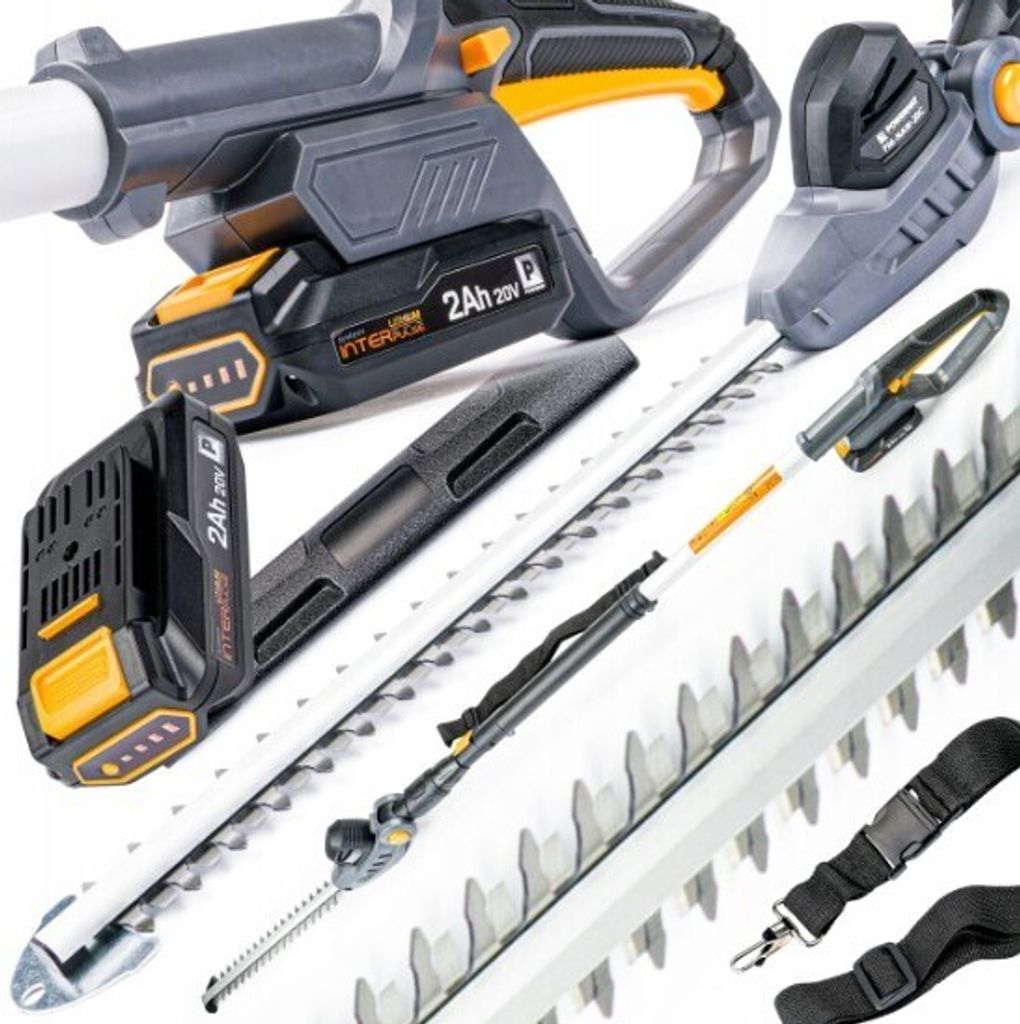 A collection of parts and accessories for a cordless hedge trimmer, including batteries, blades, and a strap.